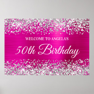 Póster Bienvenida 50 cumpleaños Purpurina Plateada Rosa B