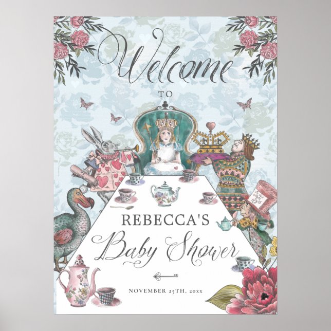 Póster Bienvenida a Alicia en el Baby Shower Fiesta de té (Frente)