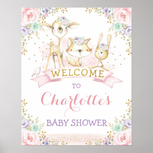 Póster Bienvenida a animales de bosque Púrpura Púrpura Fe (Frente)