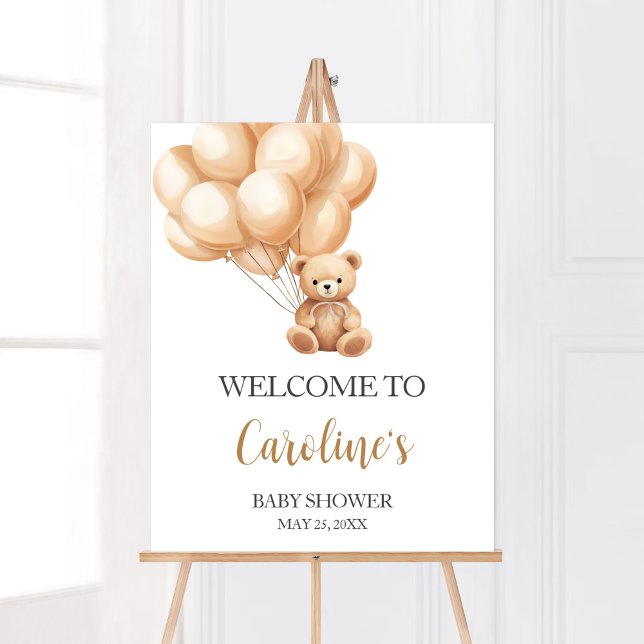 Póster Bienvenida a Baby Shower Bear Brown Balloon (We Can Bearly Wait Baby Shower Welcome Sign)
