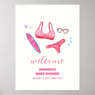 Póster Bienvenida a Baby Shower Bikini Rosa Playa de Surf