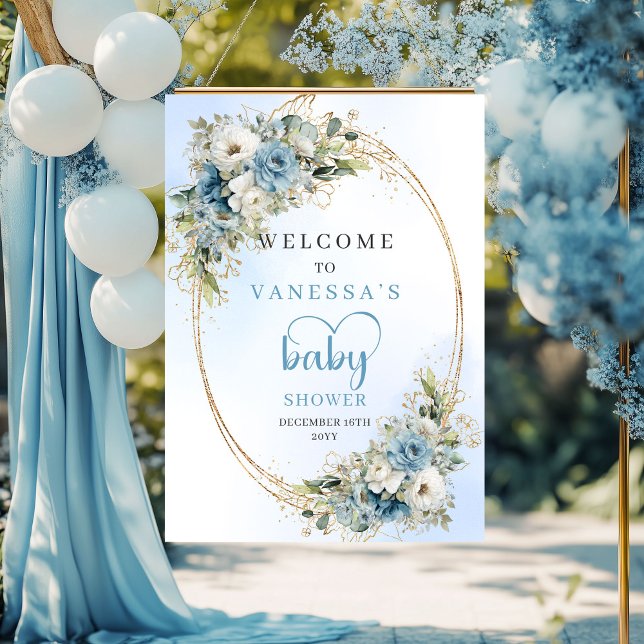 Póster Bienvenida a Baby Shower Boho Dusty Blue Flores Go (Boho Dusty Blue Flowers Gold Baby Shower Welcome Sign

)