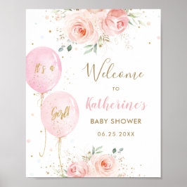 Póster Bienvenida a Baby Shower Chica floral de globos ro