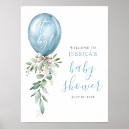 Póster Bienvenida a Baby Shower con globos azules y veget