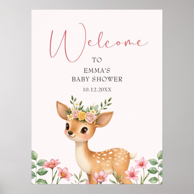 Póster Bienvenida a Baby Shower Cute Deer Floral (Frente)