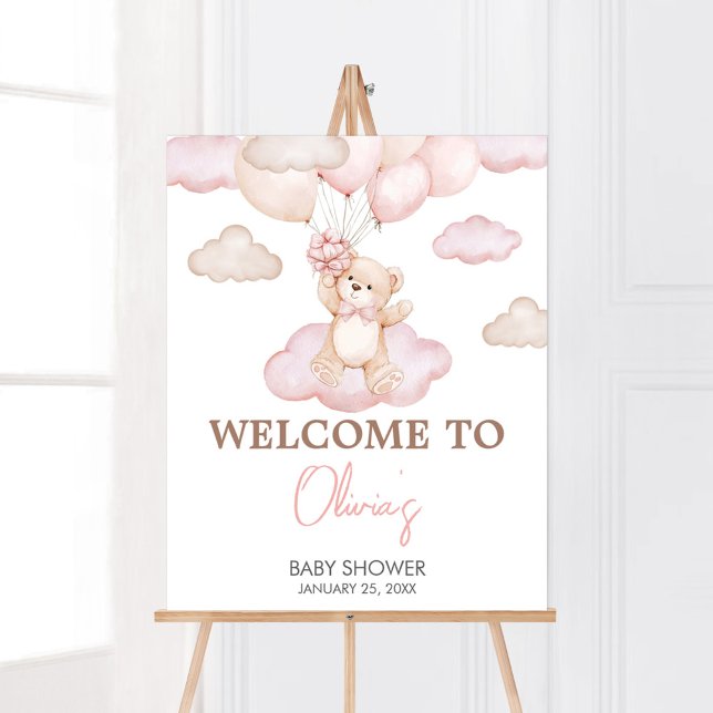 Póster Bienvenida a Baby Shower de Bear Bear Bear Bear (Pink Baby Bear Balloon Baby Shower Welcome Sign)