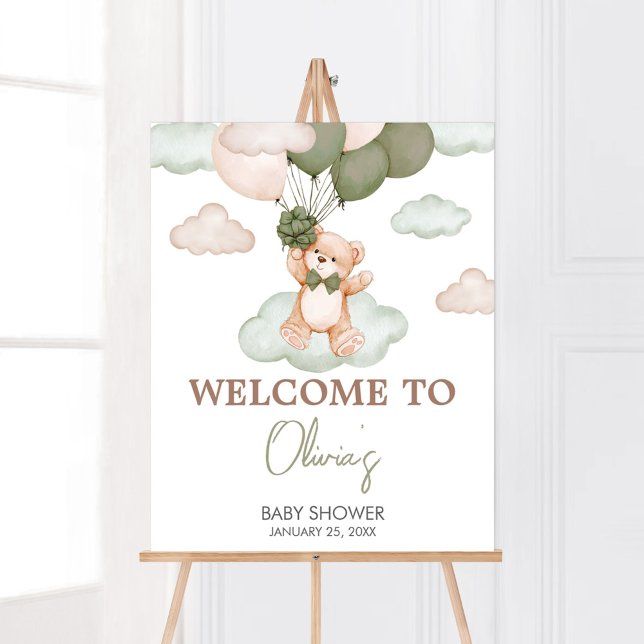 Póster Bienvenida a Baby Shower de Bear Bear Bear Bear Gr (Green Bear Balloon Bearly Wait Baby Shower Welcome Sign)