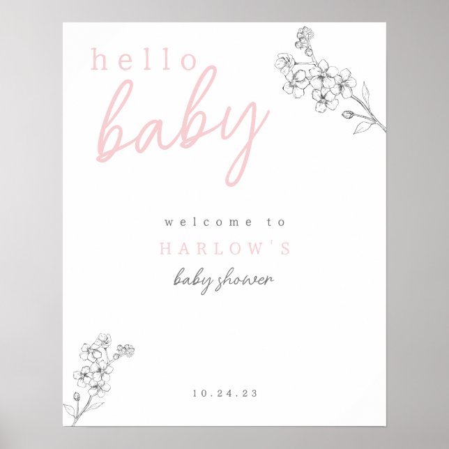 Póster Bienvenida a Baby Shower de bebé bebe rosa botánic (Frente)