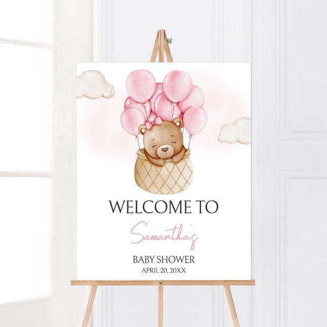 Póster Bienvenida a Baby Shower de Bebé Rosa Bear Air Bal (Baby Bear Pink Baby Shower Welcome Sign)