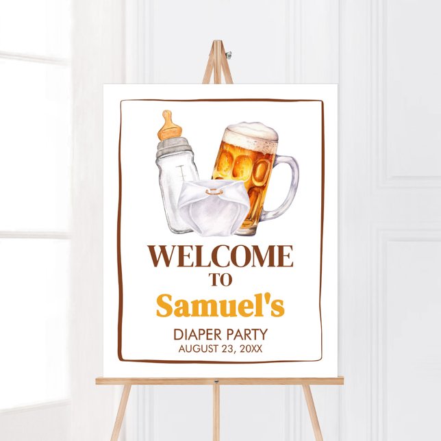 Póster Bienvenida a Baby Shower de Beer Diaper Fiesta (Beer Diaper Party Baby Shower Welcome Sign)