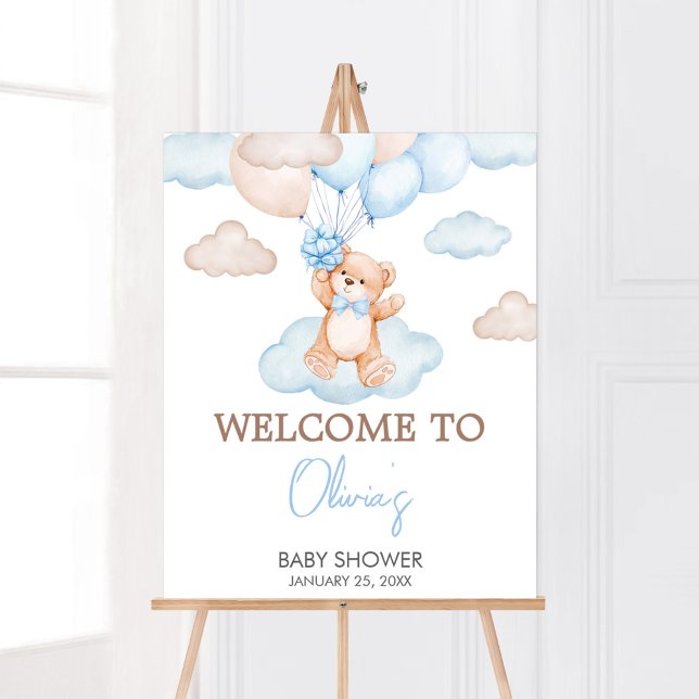 Póster Bienvenida a Baby Shower de Blue Baby Bear (Blue Bear Balloon Baby Shower Welcome Sign)