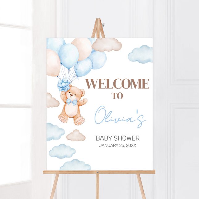 Póster Bienvenida a Baby Shower de Blue Bear Balloon (Blue Baby Bear Balloon Baby Shower Welcome Sign)