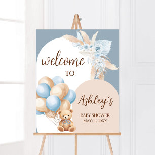 Póster Bienvenida a Baby Shower de Blue Boho Bear Bear