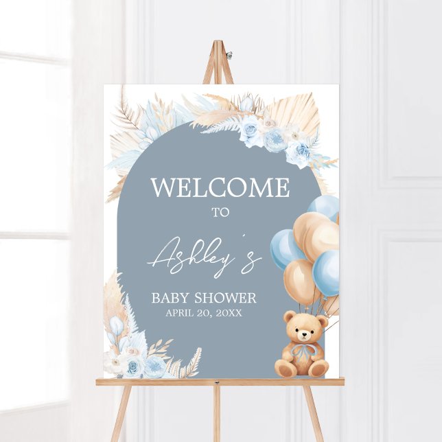 Póster Bienvenida a Baby Shower de Boho Blue Bear Balloon (Sage Blue Balloons Baby Shower Welcome Sign)