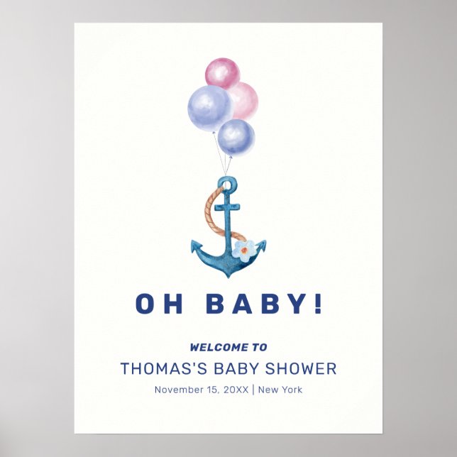 Póster Bienvenida a Baby Shower de Cute Nautical Anchour  (Frente)