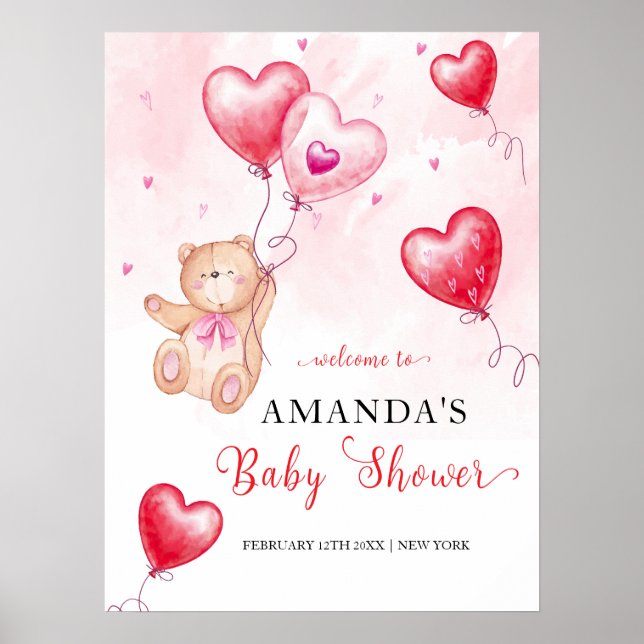 Póster Bienvenida a Baby Shower de Cute Teddy Bear Heart  (Frente)