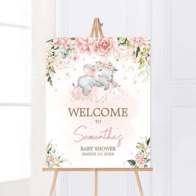 Póster Bienvenida a Baby Shower de Elefante Floral Rosa (Pink Floral Sleeping Elephant Baby Shower Welcome Sign)