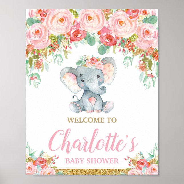 Póster Bienvenida a Baby Shower de Elefante Floral Rubor  (Frente)