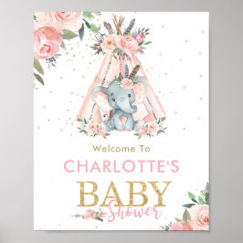 Póster Bienvenida a Baby Shower de Elefante Floral Tribal