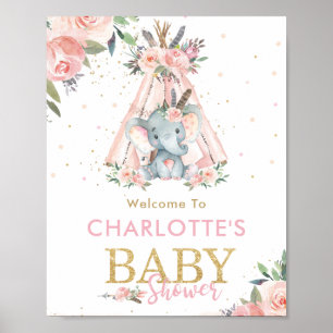 Póster Bienvenida a Baby Shower de Elefante Floral Tribal