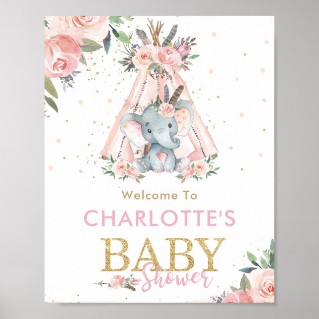 Póster Bienvenida a Baby Shower de Elefante Floral Tribal (Frente)