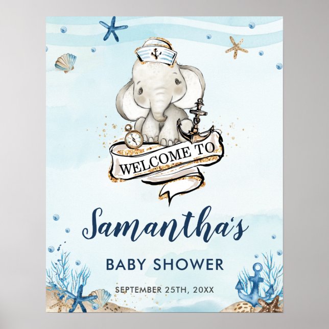 Póster Bienvenida a Baby Shower de Elephant Boy Nautical  (Frente)