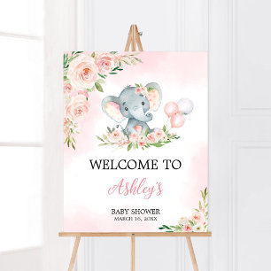 Póster Bienvenida a Baby Shower de Elephant Floral Rosa