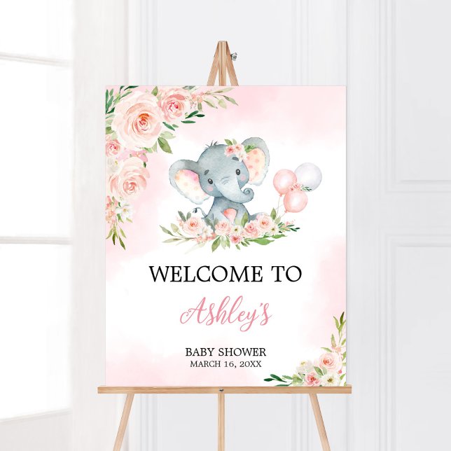 Póster Bienvenida a Baby Shower de Elephant Floral Rosa (Floral Balloon Elephant Baby Shower Welcome Sign)