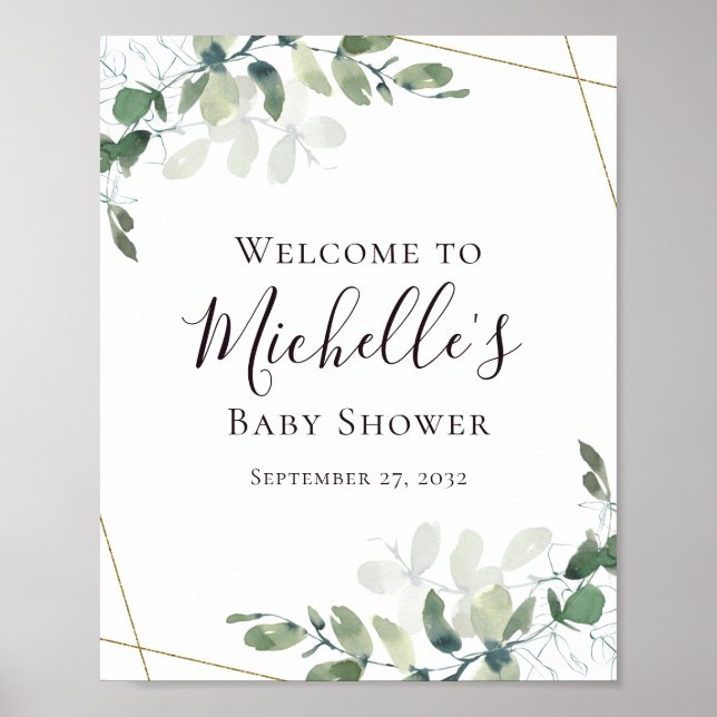 Póster Bienvenida a Baby Shower de Eucalyptus Gold Purpur (Frente)
