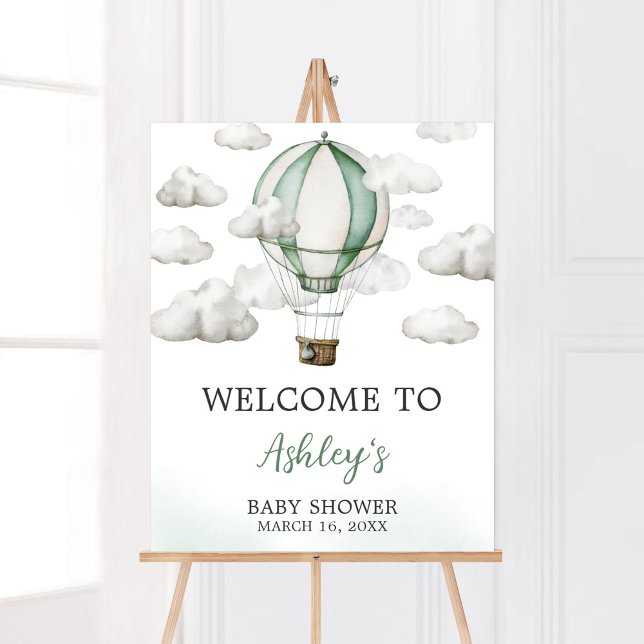 Póster Bienvenida a Baby Shower de globo aerostático verd (Gender Neutral Travel Baby Shower Welcome Sign)
