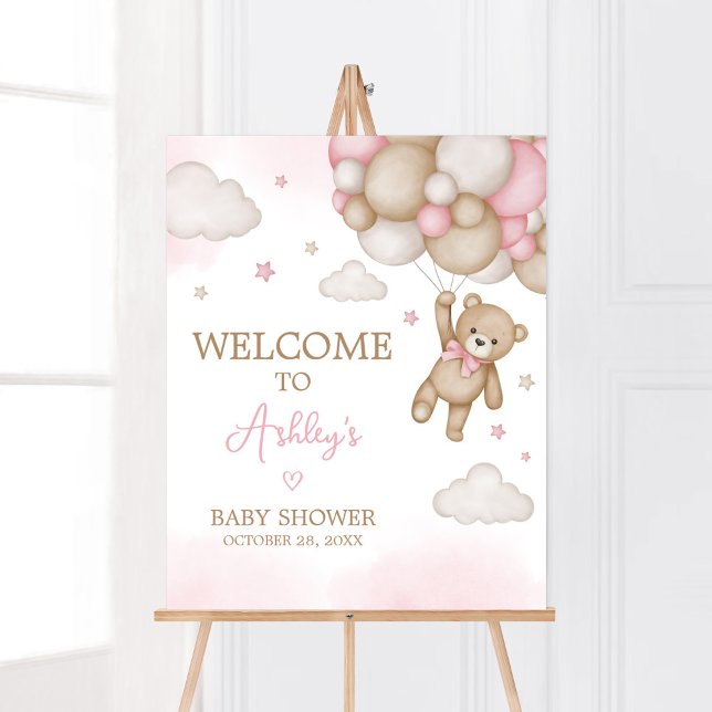 Póster Bienvenida a Baby Shower de globo de oso rosa (Girl Bear Baby Shower Welcome Sign)
