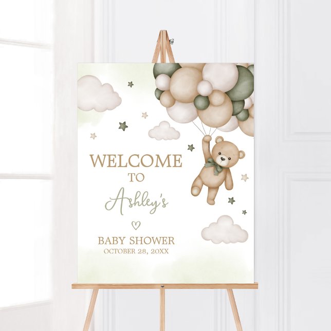 Póster Bienvenida a Baby Shower de Globo de Oso Verde (Boho Bear Baby Shower Welcome Sign)