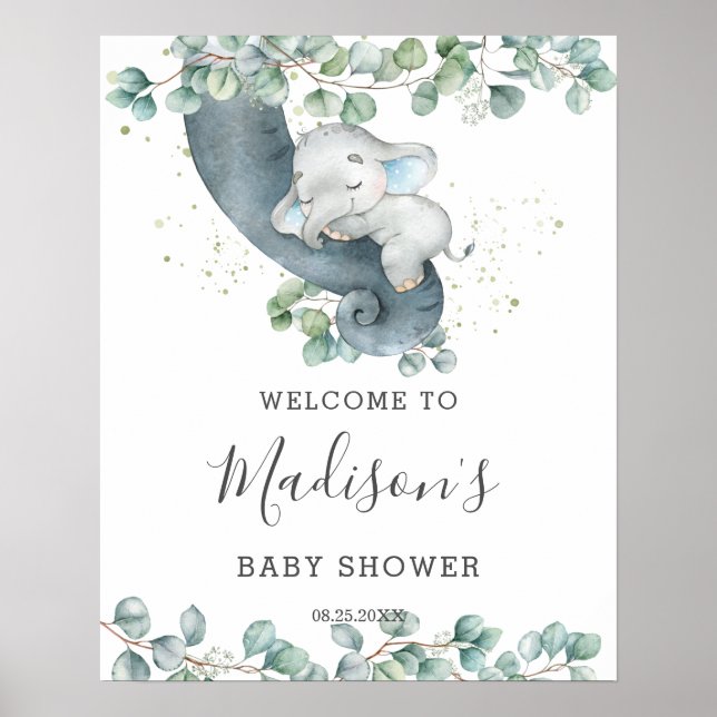 Póster Bienvenida a Baby Shower de Greenery Cute Elephant (Frente)