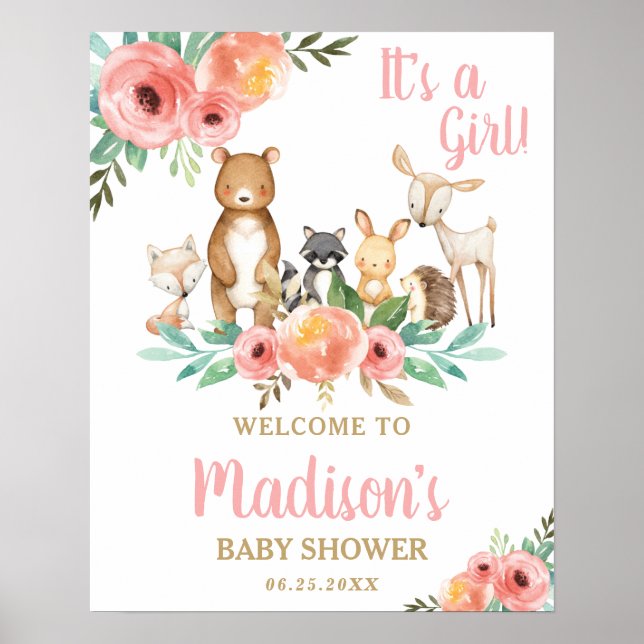 Póster Bienvenida a Baby Shower de los animales de moda F (Frente)