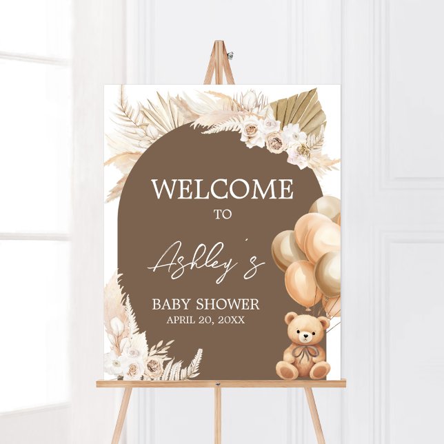 Póster Bienvenida a Baby Shower de los globos de oso boho (Brown Balloons Baby Shower Welcome Sign)