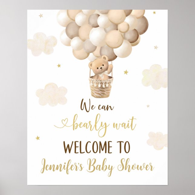 Póster Bienvenida a Baby Shower de los globos Gold Teddy  (Frente)