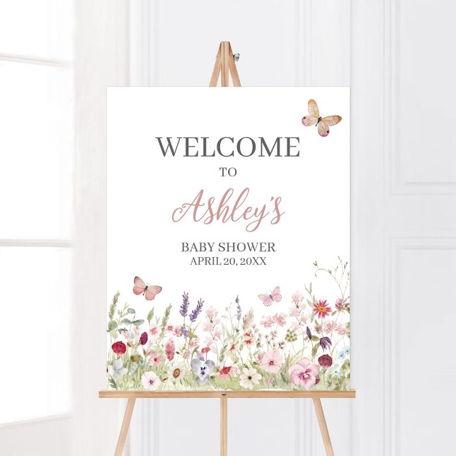 Póster Bienvenida a Baby Shower de mariposas Wildflower (Boho Butterflies Baby Shower Welcome Sign)