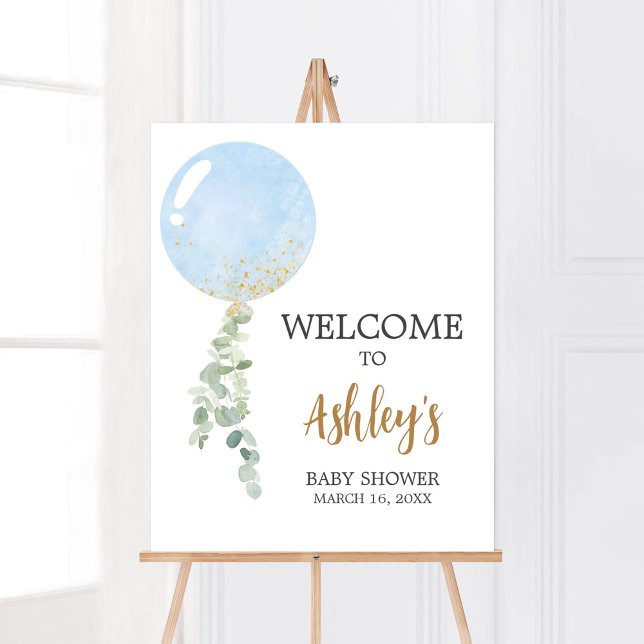 Póster Bienvenida a Baby Shower de Oh Boy Balloon (Blue Balloon Eucalyptus Baby Shower Welcome Sign)