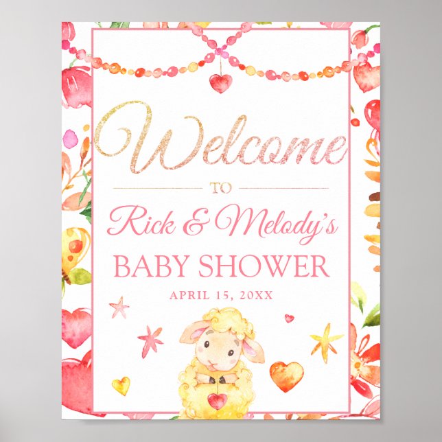 Póster Bienvenida a Baby Shower de ovejas/Chicas de corde (Frente)