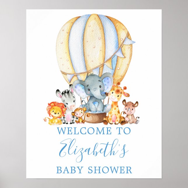 Póster Bienvenida a Baby Shower de Safari Animals Blue Ba (Frente)