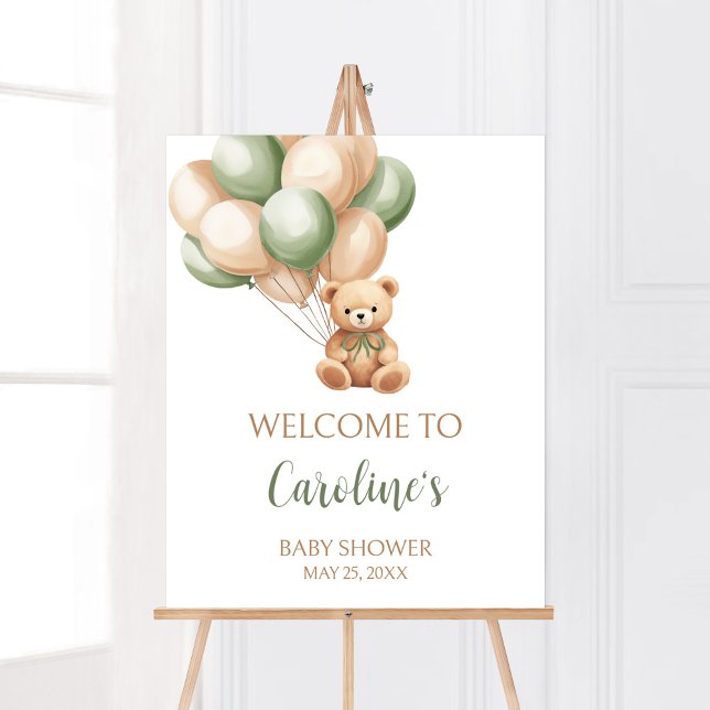 Póster Bienvenida a Baby Shower de Sage Green Bear Balloo (Green Boho Bear Baby Shower Welcome Sign)