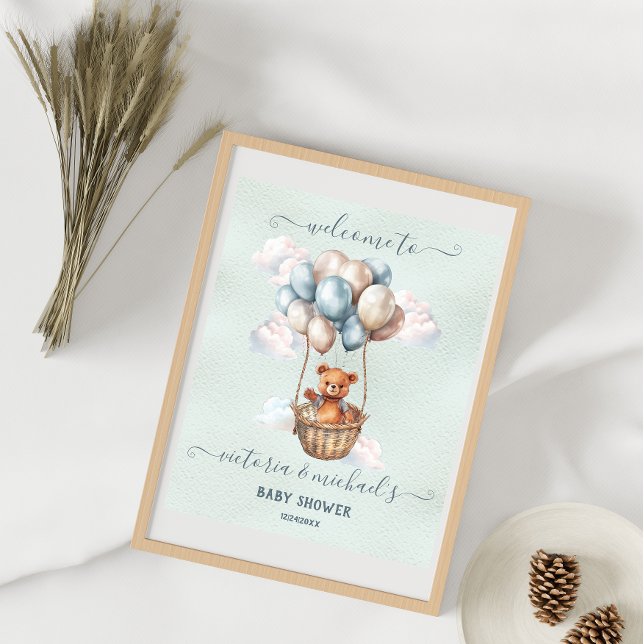 Póster Bienvenida a Baby Shower de Teddy Bear Hot Air Bal (Select your size)