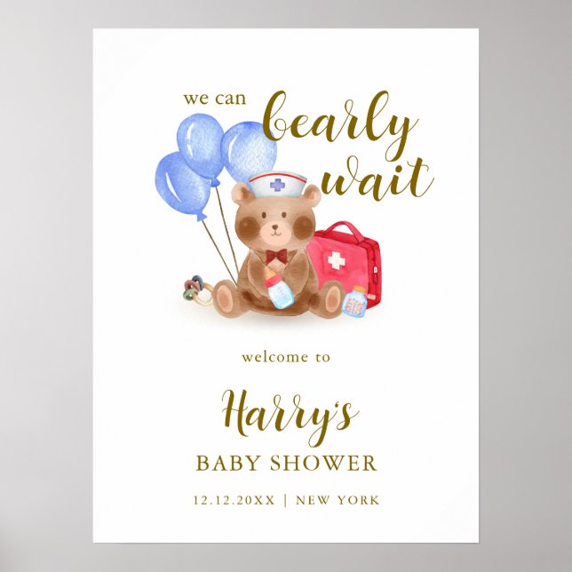 Póster Bienvenida a Baby Shower de un globo de Oso Médico (Frente)