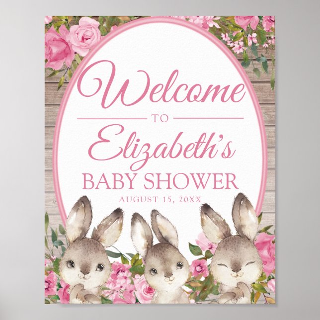Póster Bienvenida a Baby Shower de Woodland Bunny Pink Ch (Frente)