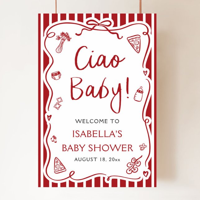 Póster Bienvenida a Baby Shower del bebé italiano de las  (Red Stripes Hand Drawn Italian Ciao Baby Baby Shower Welcome Sign )