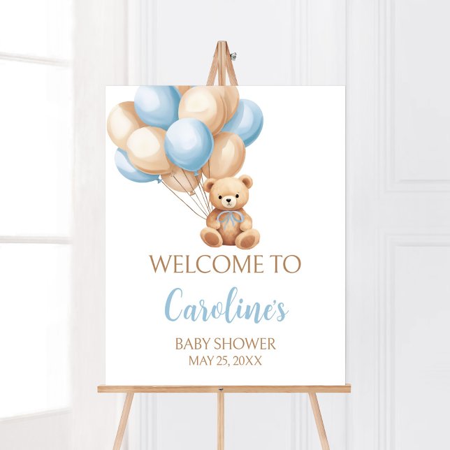 Póster Bienvenida a Baby Shower del Boho Blue Balloon Bea (We Can Bearly Wait Boy Baby Shower Welcome Sign)