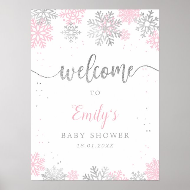Póster Bienvenida a Baby Shower del Chica de copos de nie (Frente)