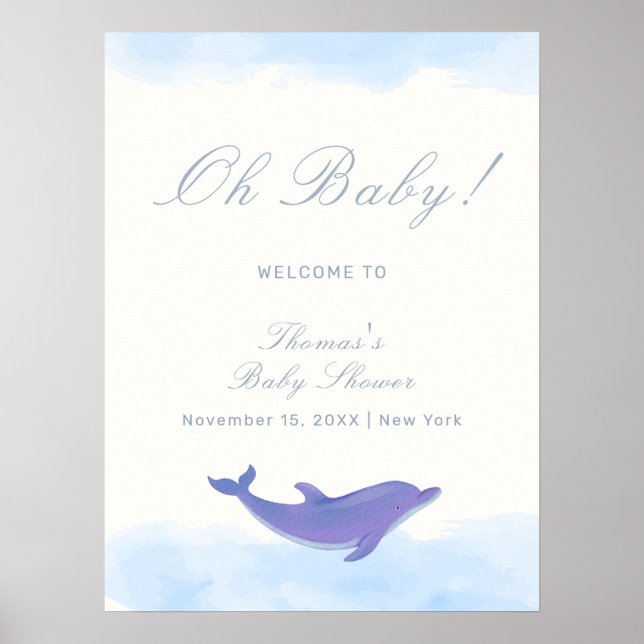 Póster Bienvenida a Baby Shower del delfín azul Minimalis (Frente)
