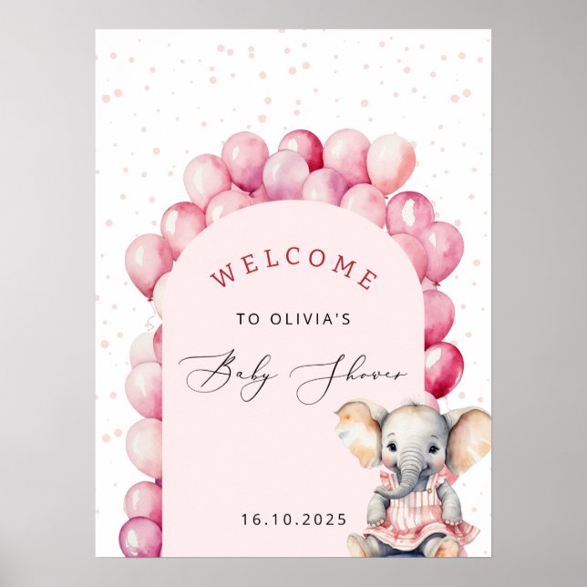 Póster Bienvenida a Baby Shower del elefante Chica de glo (Frente)