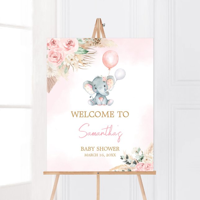 Póster Bienvenida a Baby Shower del Elefante de Globo Ros (Pink Floral Pampas Grass Elephant Baby Shower Welcome Sign)